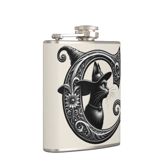 Black Cat Witch Witchy Letter C Custom Initiaal Heupfles (Rechts)