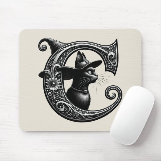 Black Cat Witch Witchy Letter C Custom Initiaal Muismat (Met muis)