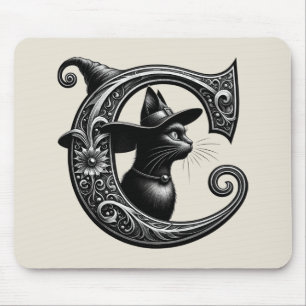 Black Cat Witch Witchy Letter C Custom Initiaal Muismat