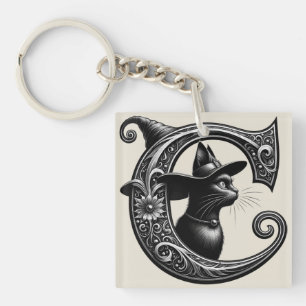 Black Cat Witch Witchy Letter C Custom Initiaal Sleutelhanger