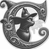 Black Cat Witch Witchy Letter C Custom Initiaal Sticker (Voorkant)