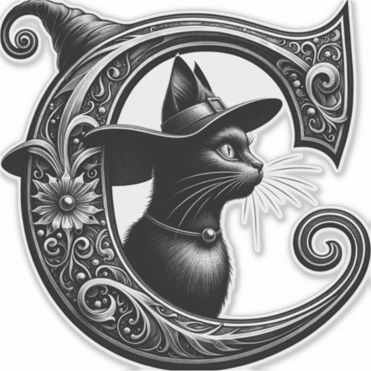 Black Cat Witch Witchy Letter C Custom Initiaal Sticker (Voorkant)