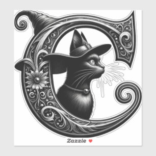 Black Cat Witch Witchy Letter C Custom Initiaal Sticker