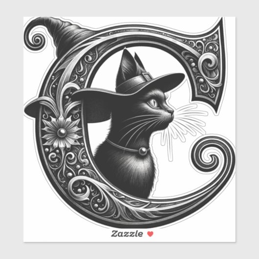 Black Cat Witch Witchy Letter C Custom Initiaal Sticker (Vel)