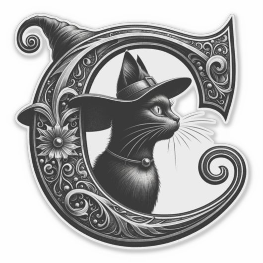 Black Cat Witch Witchy Letter C Custom Initiaal Sticker (Voorkant)