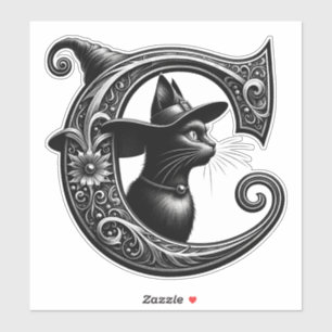 Black Cat Witch Witchy Letter C Custom Initiaal Sticker