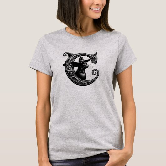 Black Cat Witch Witchy Letter C Custom Initiaal T-shirt (Voorkant)