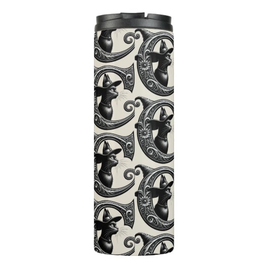 Black Cat Witch Witchy Letter C Custom Initiaal Thermosbeker (Achterkant)