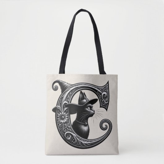 Black Cat Witch Witchy Letter C Custom Initiaal Tote Bag (Voorkant)