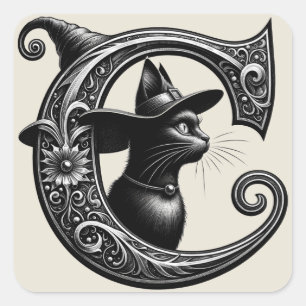Black Cat Witch Witchy Letter C Custom Initiaal Vierkante Sticker