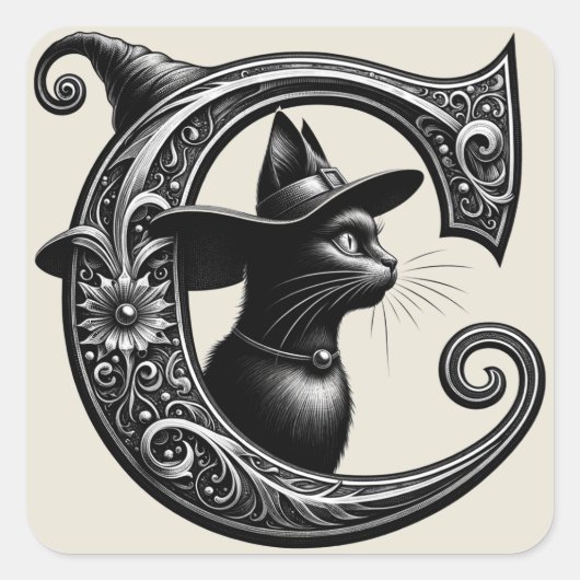 Black Cat Witch Witchy Letter C Custom Initiaal Vierkante Sticker (Voorkant)