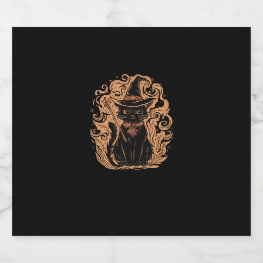 Black Cat Witch Wizard Mystieke Schattigee Zwarte Sparkling Wijnetiket (Enkel label)