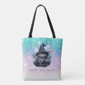 Black Cat Witches Pet Regenboog Pastel Halloween Tote Bag (Achterkant)