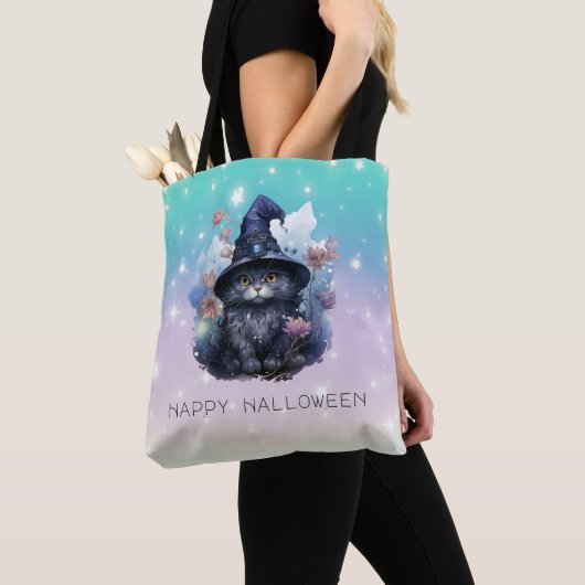 Black Cat Witches Pet Regenboog Pastel Halloween Tote Bag (Dichtbij)