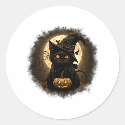 Black Cat Witchy Pumpkin Moon Spooky Halloween Wom Ronde Sticker (Voorkant)