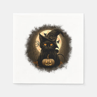 Black Cat Witchy Pumpkin Moon Spooky Halloween Wom Servet