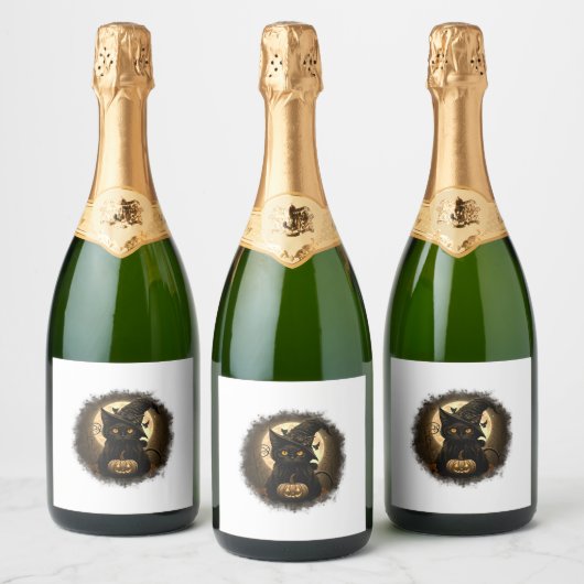 Black Cat Witchy Pumpkin Moon Spooky Halloween Wom Sparkling Wijnetiket (Flessen)