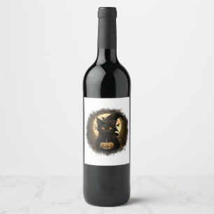 Black Cat Witchy Pumpkin Moon Spooky Halloween Wom Wijn Etiket