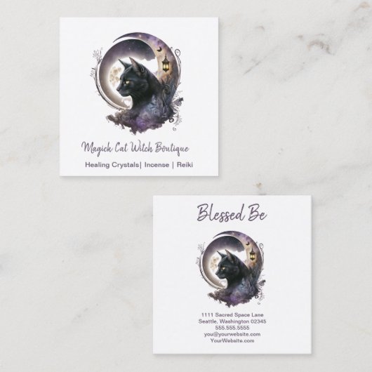 Black Cat Witchy Vierkante Visitekaartje (Voorkant / Achterkant)