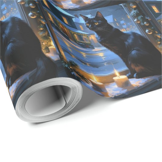 Black Cat With Christmas Lights Holiday Cadeaupapier (Rol Hoek)