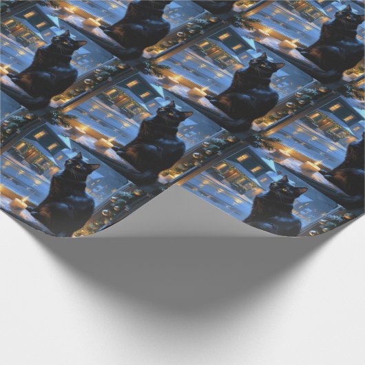 Black Cat With Christmas Lights Holiday Cadeaupapier (Hoek)