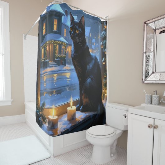 Black Cat With Christmas Lights Holiday Douchegordijn (In situ)