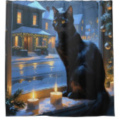 Black Cat With Christmas Lights Holiday Douchegordijn (Voorkant)