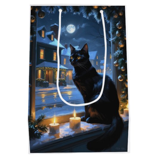 Black Cat With Christmas Lights Holiday Medium Cadeauzakje (Achterkant)