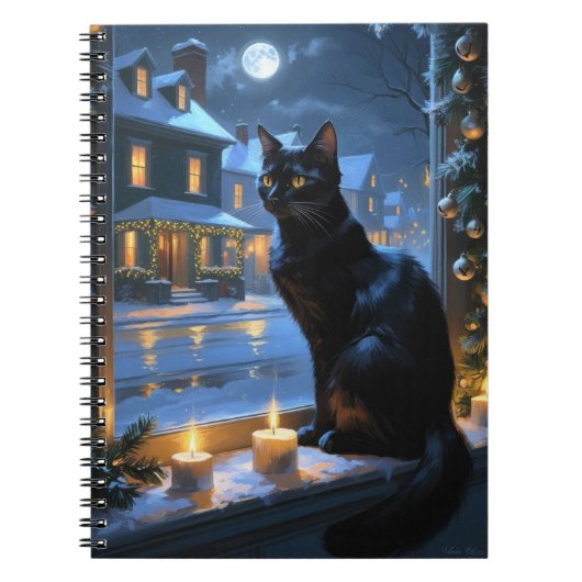 Black Cat With Christmas Lights Holiday Notitieboek (Voorkant)