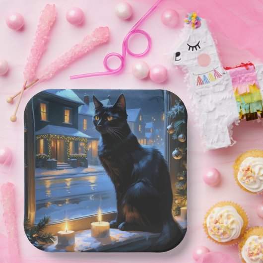 Black Cat With Christmas Lights Holiday Papieren Bordje (Feest)