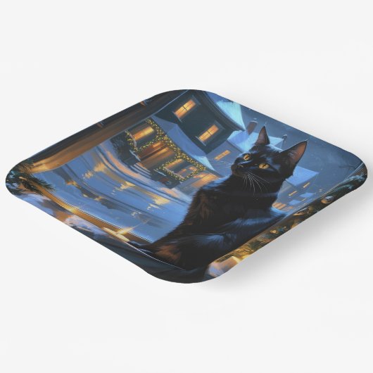 Black Cat With Christmas Lights Holiday Papieren Bordje (Gebogen)