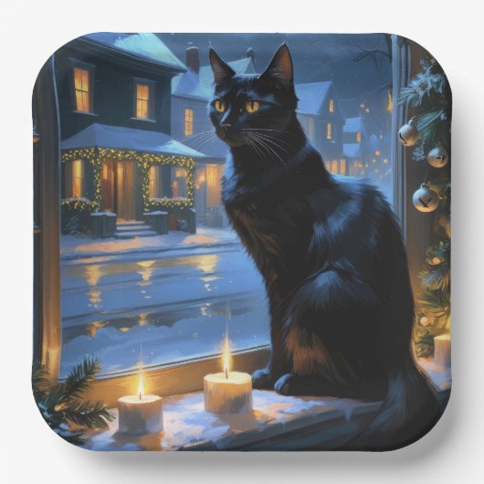 Black Cat With Christmas Lights Holiday Papieren Bordje (Voorkant)