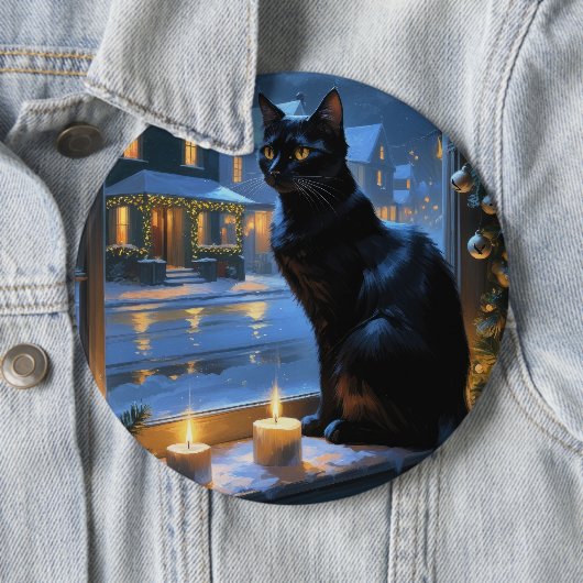 Black Cat With Christmas Lights Holiday Ronde Button 6,0 Cm (In situ)