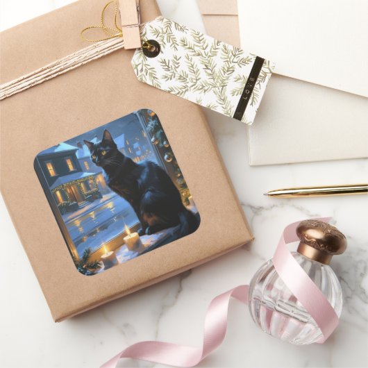 Black Cat With Christmas Lights Holiday Vierkante Sticker (Geschenken)