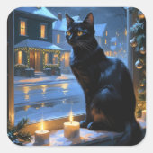 Black Cat With Christmas Lights Holiday Vierkante Sticker (Voorkant)