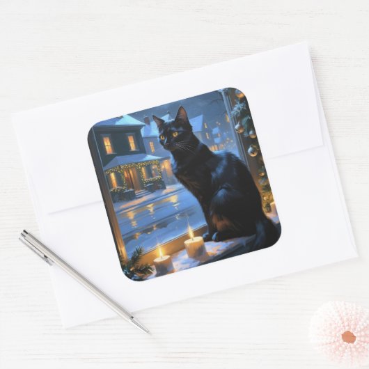 Black Cat With Christmas Lights Holiday Vierkante Sticker (Envelop)
