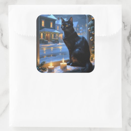 Black Cat With Christmas Lights Holiday Vierkante Sticker (Tas)