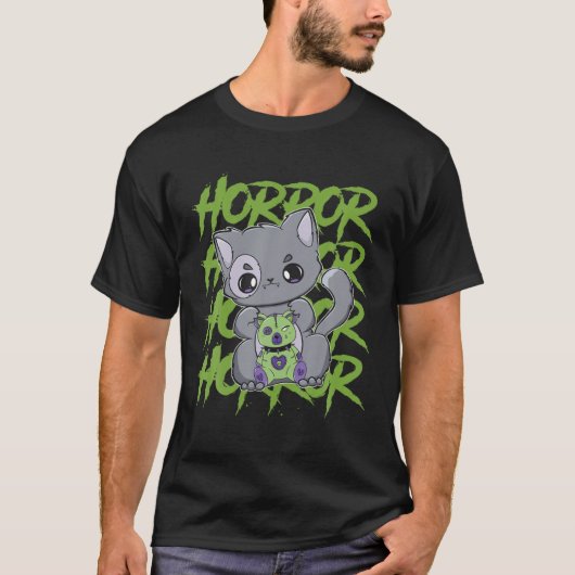 Black Cat With Eddy Bear For Horror Fans T-shirt (Voorkant)