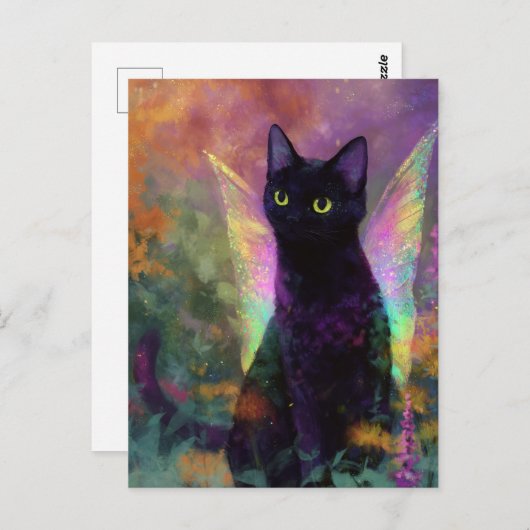 Black Cat With Fairy Wings Briefkaart (Voorkant / Achterkant)
