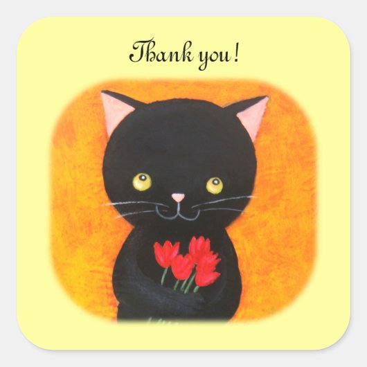 Black Cat with Flowers Bedankt Favor Stickers (Voorkant)