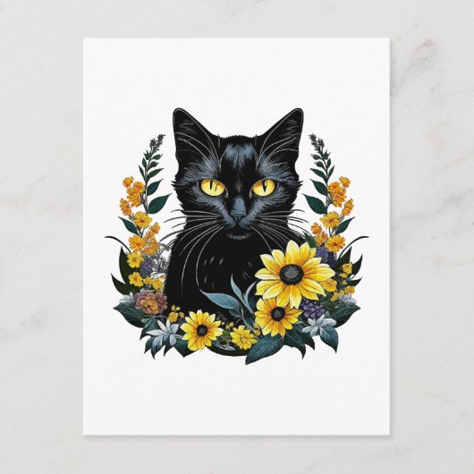 black cat with flowers informatiekaartje (Voorkant)