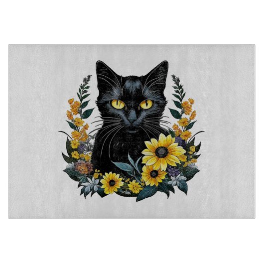 black cat with flowers snijplank (Voorkant)