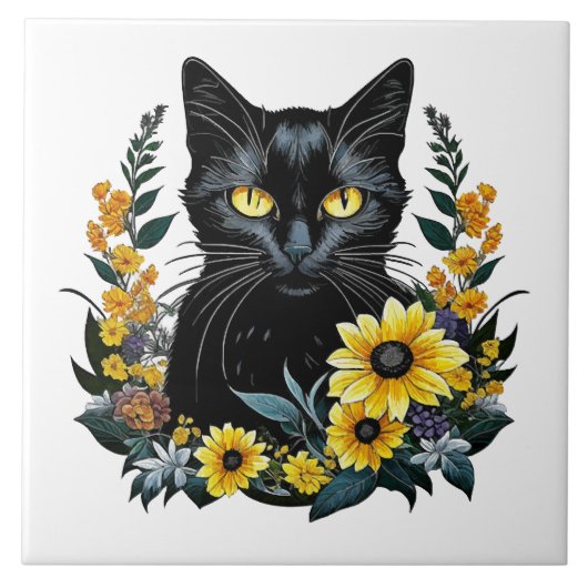 black cat with flowers tegeltje (Voorkant)
