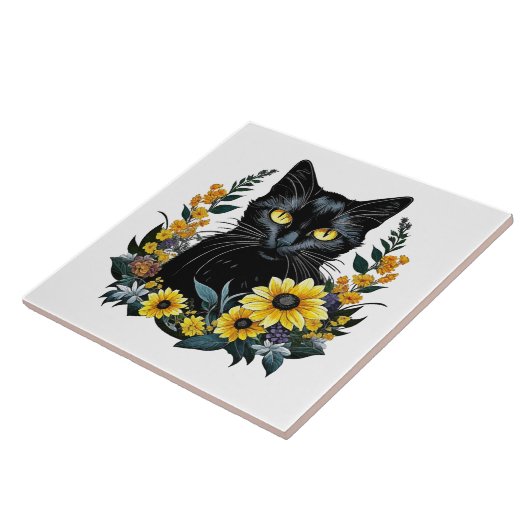 black cat with flowers tegeltje (Zijkant)