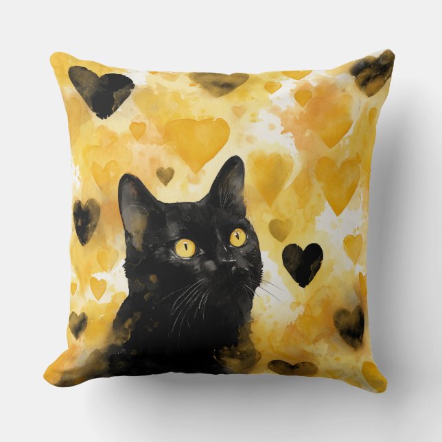 Black Cat with Gold and Black Hearts Kussen (Voorkant)