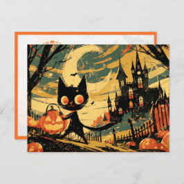 Black Cat with Pumpkin Bucket by the Castle Briefkaart