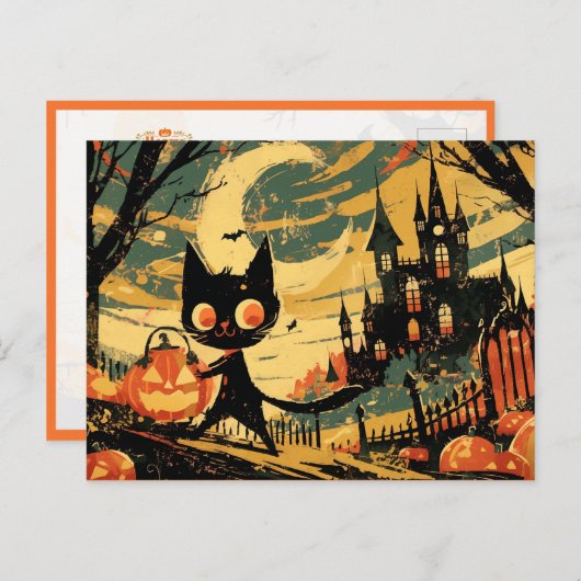 Black Cat with Pumpkin Bucket by the Castle Briefkaart (Voorkant / Achterkant)