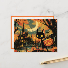 Black Cat with Pumpkin Bucket by the Castle Briefkaart