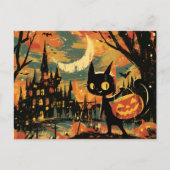 Black Cat with Pumpkin Bucket by the Castle Briefkaart (Voorkant)