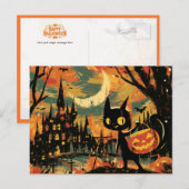 Black Cat with Pumpkin Bucket by the Castle Feestdagenkaart (Voorkant / Achterkant)